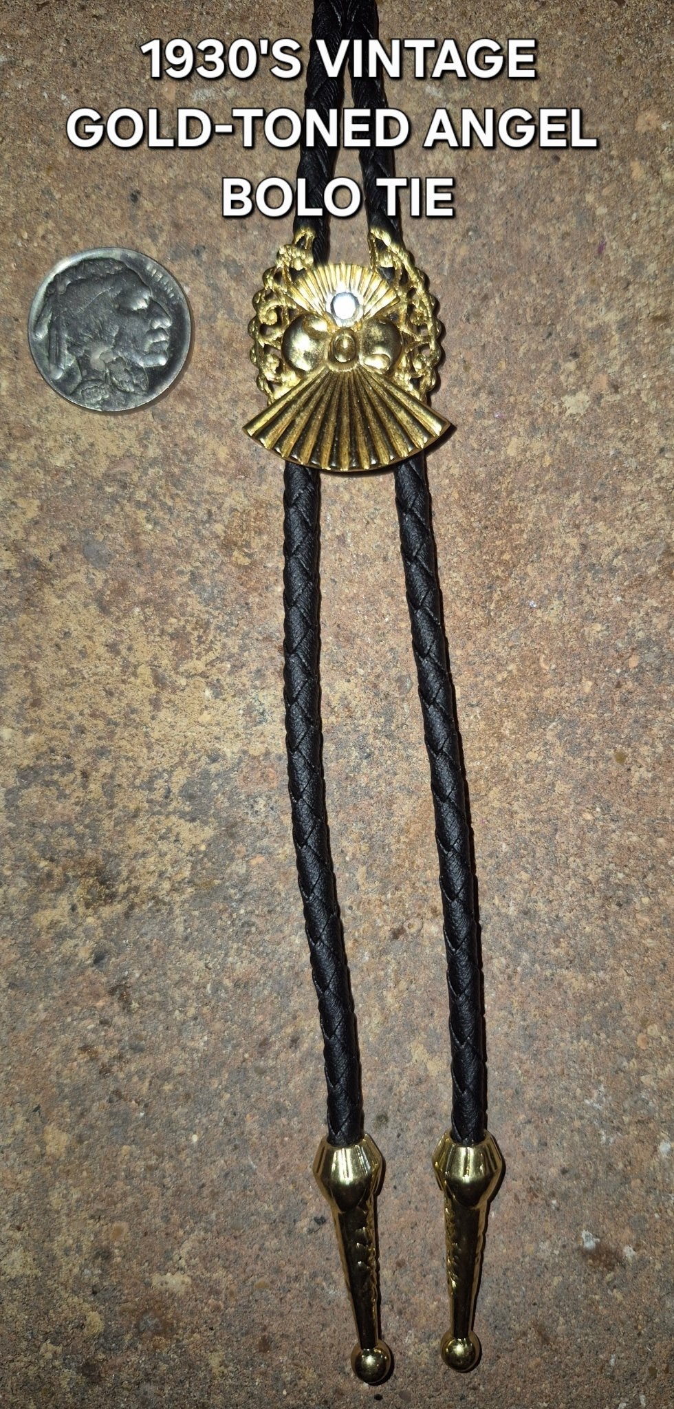 1930'S VINTAGE GOLD - TONED ANGEL BOLO TIE - MIKE'S CUSTOM BOLOS
