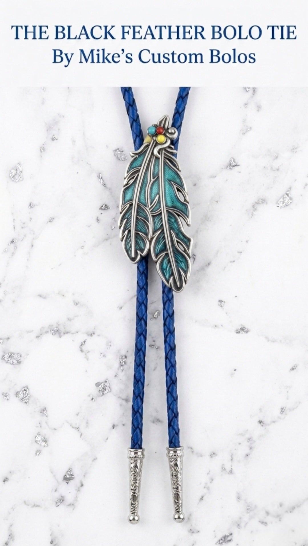 Blue cord feather bolo tie featuring detailed silver feather artwork and colorful accents by Mike's Custom Bolos.