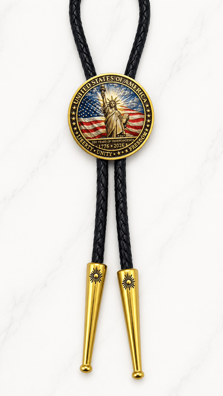 America’s 250th Birthday Bolo Tie Side A with Statue of Liberty centerpiece, black braided leather, and polished gold-tone tips