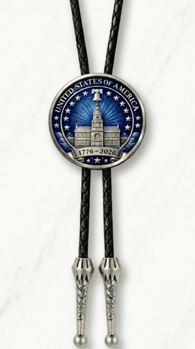 Reverse side of the Stars And Stripes Bolo Tie featuring Independence Hall, Liberty Bell, United States of America lettering, 1776–2026 dates, black braided leather, and silver-tone tips on white marble
