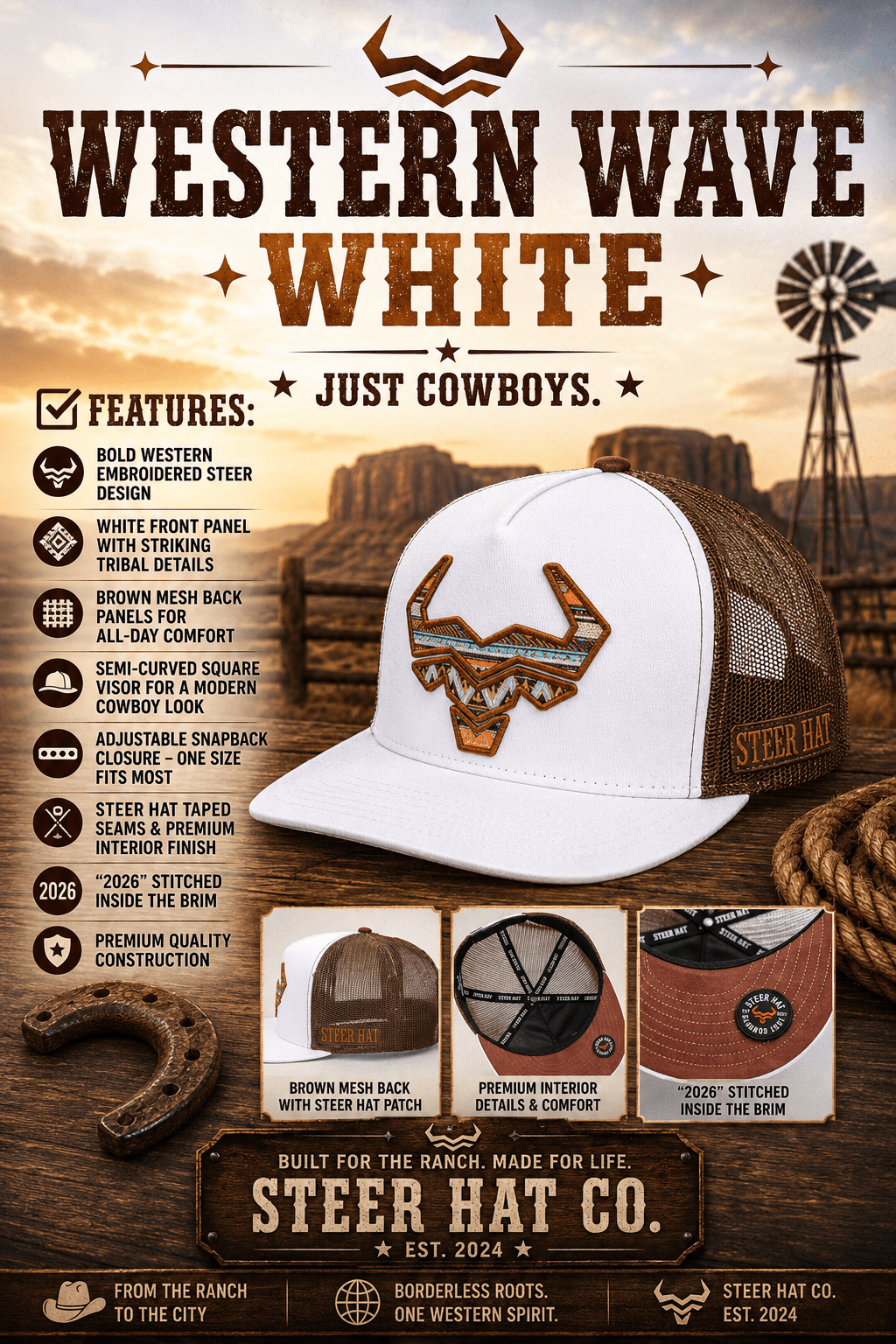 Western Wave White By Steer Hat Co Premium Western Hat - MIKE'S CUSTOM BOLOS