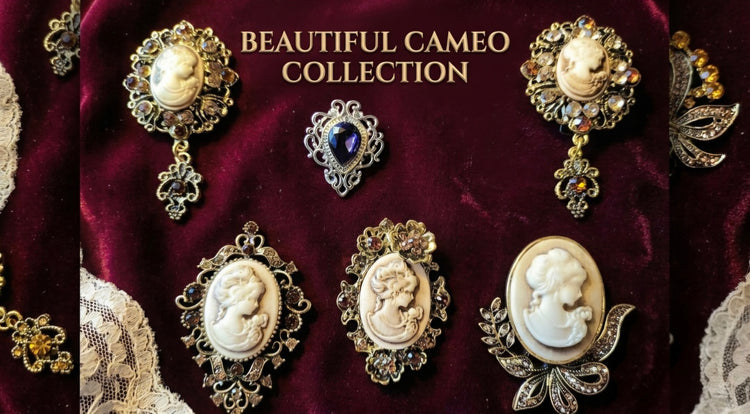 Five classic white profile cameo pendants and one purple jewel pendant set in intricate gold and silver-tone metal, displayed on a rich red velvet background with lace trim.