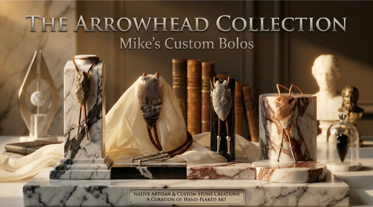 Arrowhead bolo ties with silver tips on marble displays for Mike's Custom Bolos.