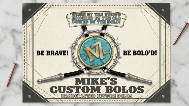 Handcrafted custom bolo tie banner for Mike's Custom Bolos showcasing a genuine Turquoise center, braided leather cords, silver tips, and western barbed wire detailing.