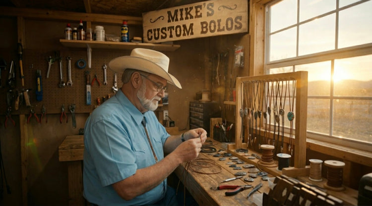 Mike crafting custom bolo ties at his workbench, surrounded by artisan tools, leather cords, and unique stone pendants.