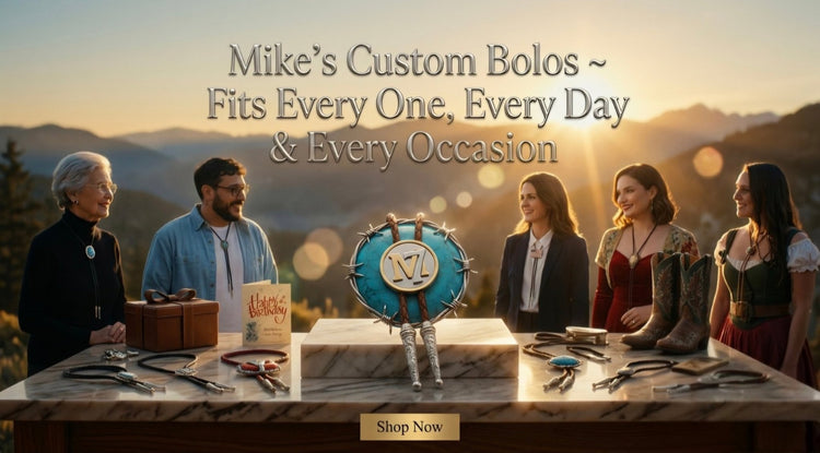Mike's Custom Bolos banner featuring a diverse group of people wearing custom bolo ties for every everyday occasions.