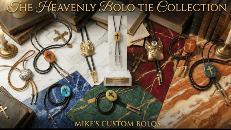 ​The Heavenly Bolo Tie Collection by Mike's Custom Bolos, featuring faith-based vintage cross and angel designs beautifully displayed on elegant marble pedestals.