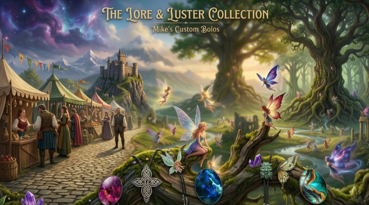 The Lore & Luster Collection banner by Mike's Custom Bolos featuring a mystical landscape, fairies, and fantasy-inspired artisan bolo ties.