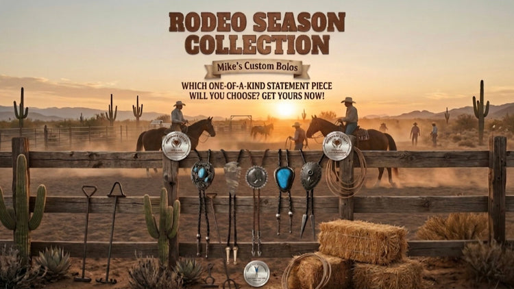 Mike's Custom Bolos Rodeo Season Collection banner featuring cowboys on horseback at sunset and handcrafted statement bolo ties hanging on a rustic wooden fence.