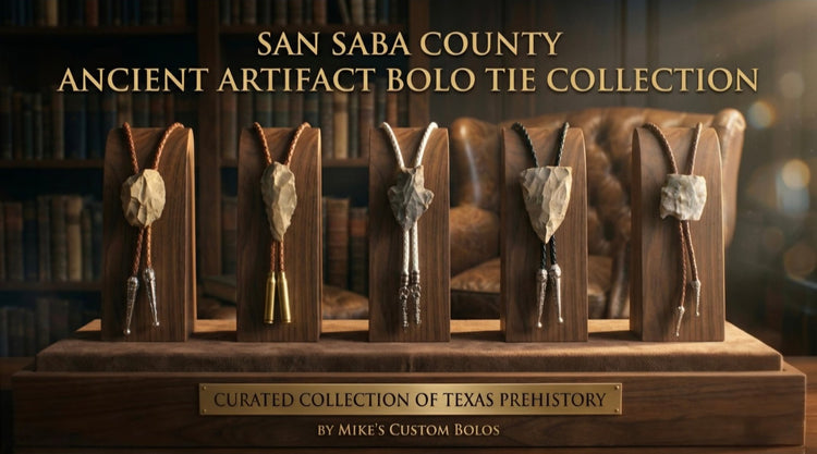 Mike's San Saba County Ancient Artifact Collection banner featuring a curated collection of Texas prehistory arrowhead bolo ties on wooden displays in a classic library setting.