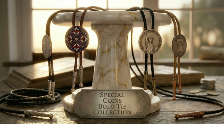 Mike's Special Coins Bolo Tie Collection banner featuring rare, historical, and enameled coin centerpieces elegantly displayed on a white and gold-veined marble pedestal.
