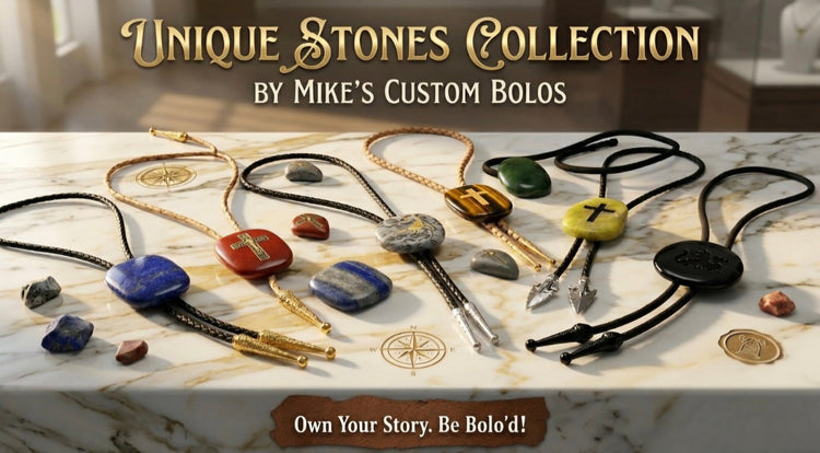 Mike's Unique Stones Collection banner featuring various handcrafted polished stone bolo ties elegantly displayed on a white and gold-veined marble surface.