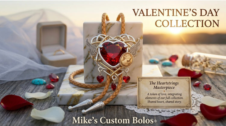 Mike's Custom Bolos Valentine's Day Collection banner featuring The Heartstrings Masterpiece bolo tie with a brilliant red heart center, elegantly displayed on a white and gold-veined marble block surrounded by rose petals.
