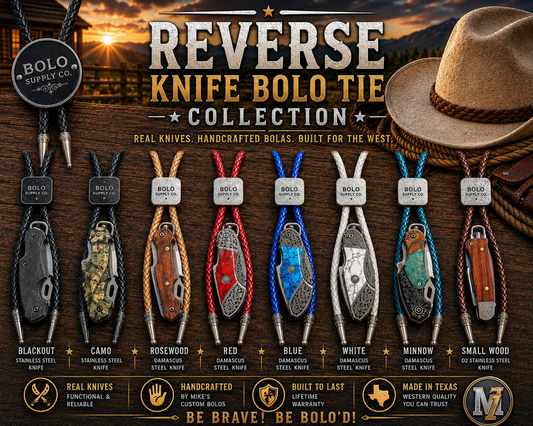 Mike’s Custom Bolos Reverse Knife Bolo Tie Collection featuring eight handcrafted functional knife bolo ties in Blackout, Camo, Rosewood, Red, Blue, White, Minnow and Small Wood designs with braided leather cords and Western-style tips.”