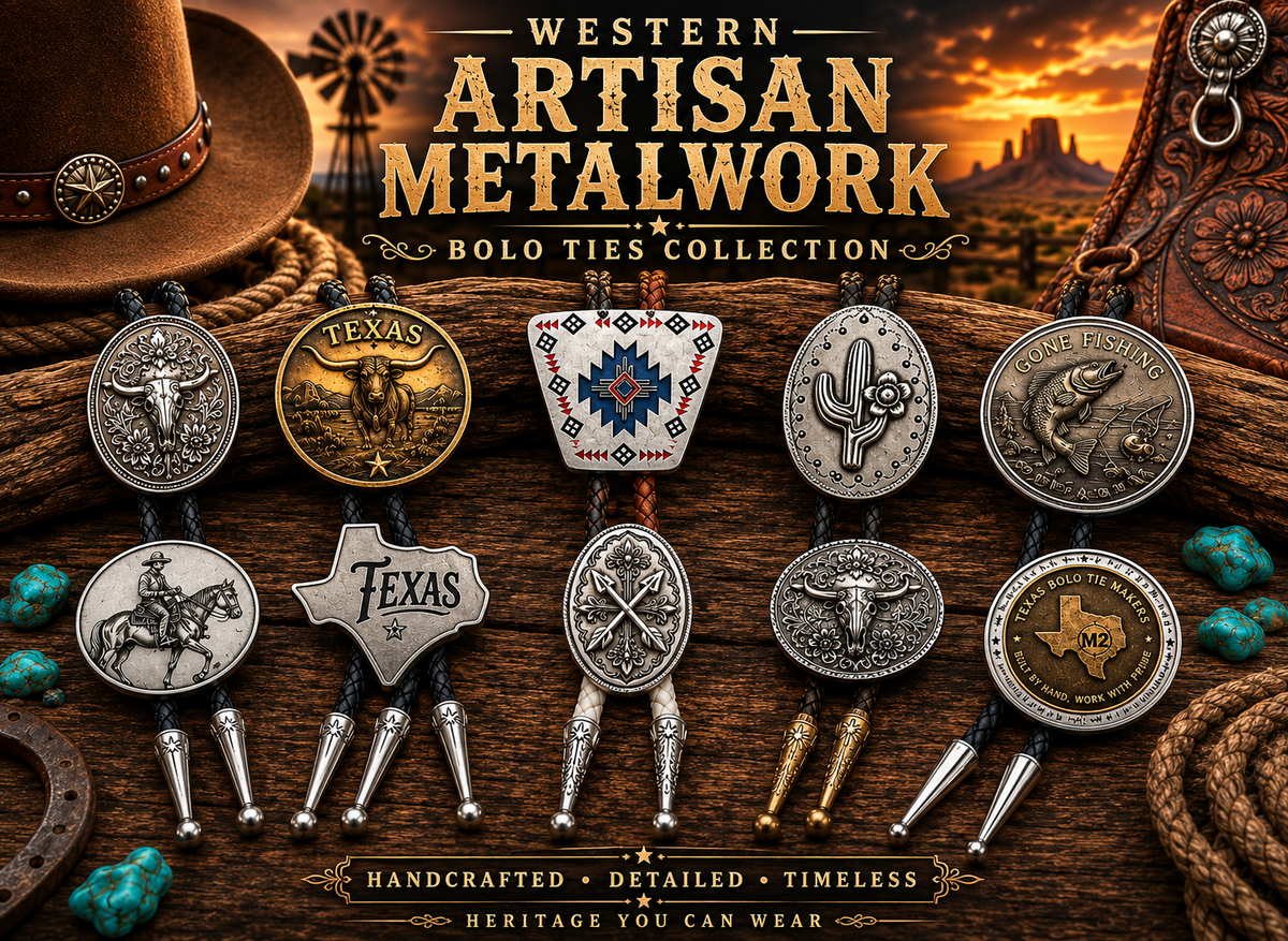Western Artisan Metalwork Bolo Ties Collection featuring handcrafted Texas, longhorn, cowboy, cactus, fishing, Southwestern and engraved metal bolo tie designs displayed in a rustic Western setting.
