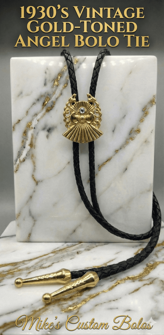 1930'S VINTAGE GOLD - TONED ANGEL BOLO TIE - MIKE'S CUSTOM BOLOS
