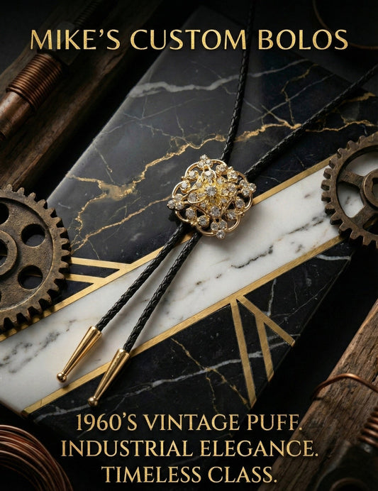 1960 VINTAGE PUFF BOLO TIE BY MIKE'S CUSTOM BOLOS - MIKE'S CUSTOM BOLOS1960 VINTAGE PUFF BOLO TIE BY MIKE'S CUSTOM BOLOS