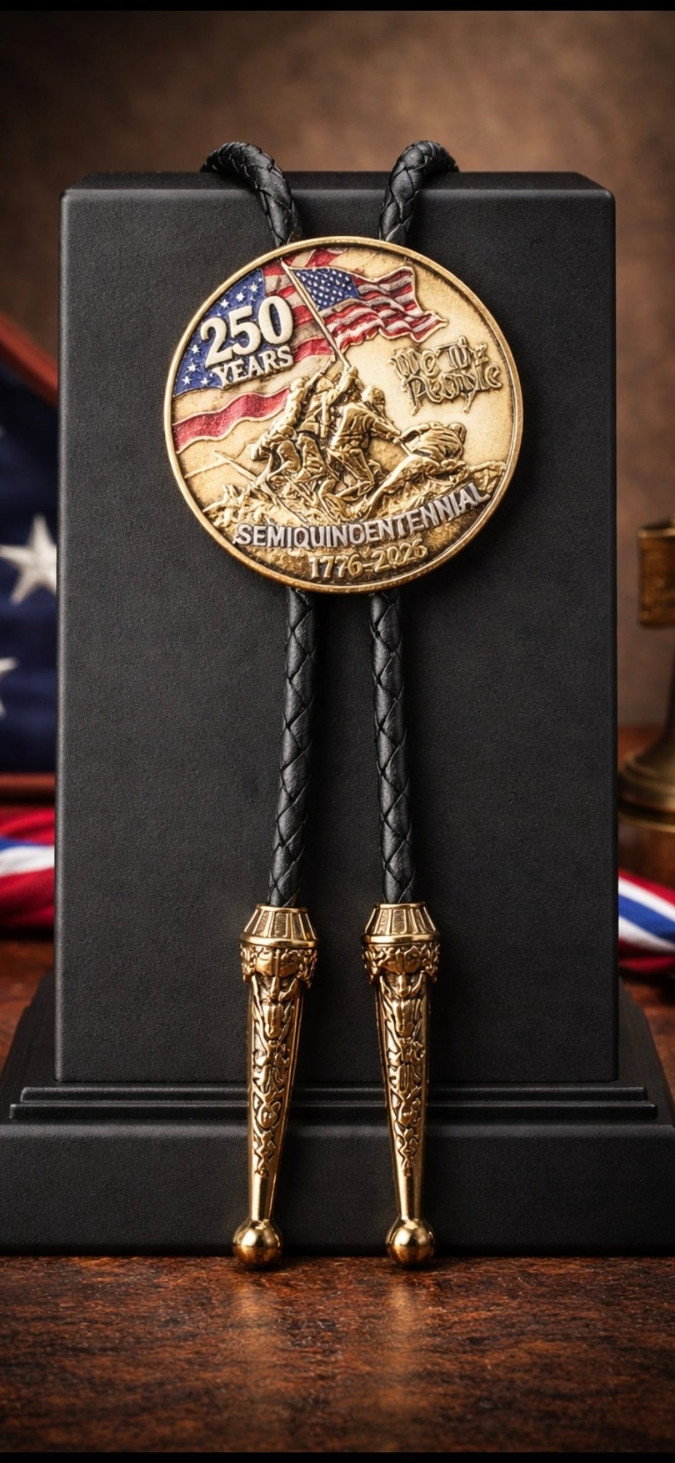 250 Years Bolo Tie Side A featuring an antique gold flag-raising centerpiece with 250 Years, We the People, and 1776–2026 details, black braided leather, and ornate gold-tone tips on a black display