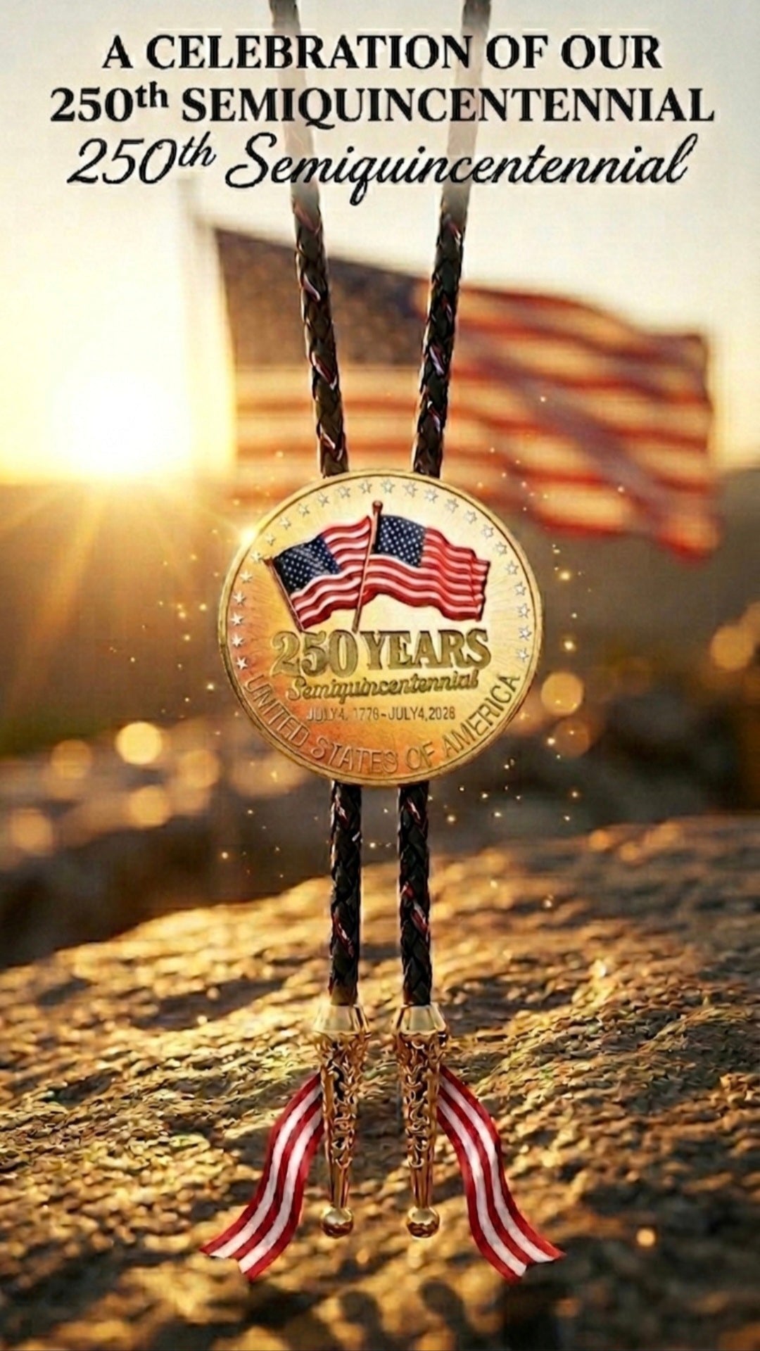 Patriotic lifestyle image of the 250 Years Bolo Tie Side B featuring a gold-tone waving flags commemorative medallion on black braided leather with ornate gold tips against a warm semiquincentennial celebration background.