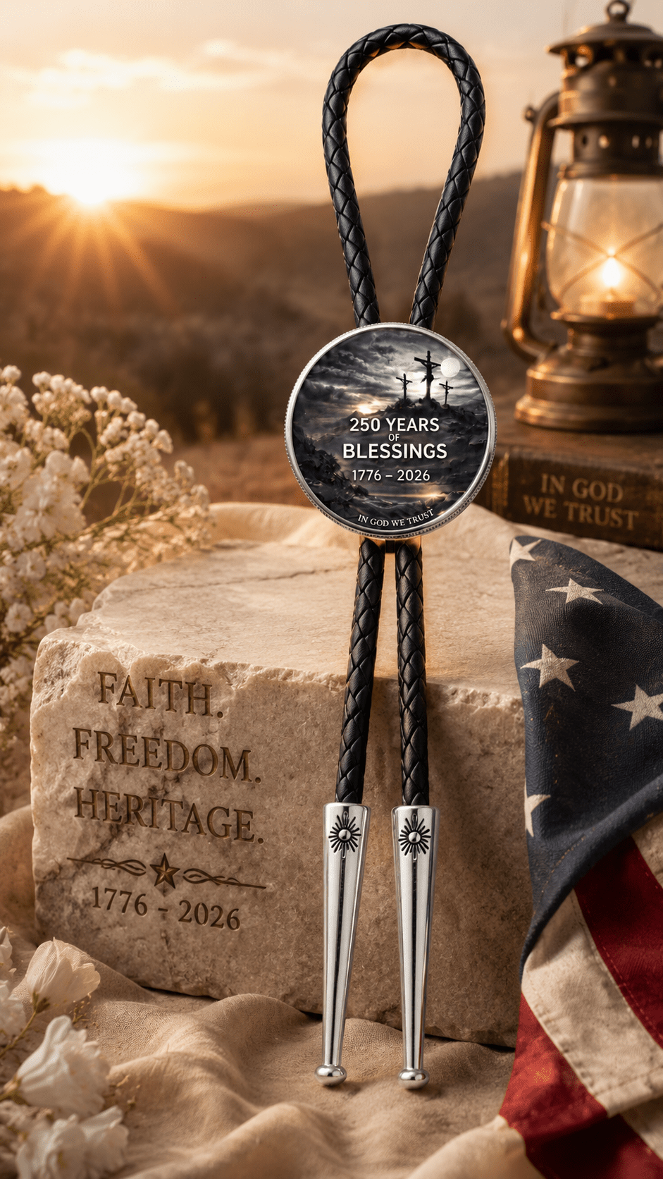 250 Years Of Blessings Bolo Tie (Side A) ~ Limited Edition U.S. Semiquincentennial Commemorative Bolo Tie - MIKE'S CUSTOM BOLOS