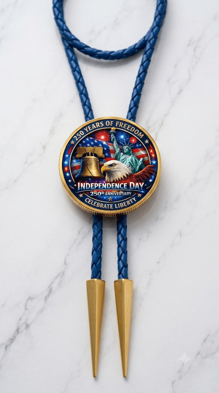 250 Years Of Freedom Side A America 250 commemorative bolo tie featuring a collectible Liberty Bell and bald eagle centerpiece with premium blue braided leather and polished gold bolo tips.