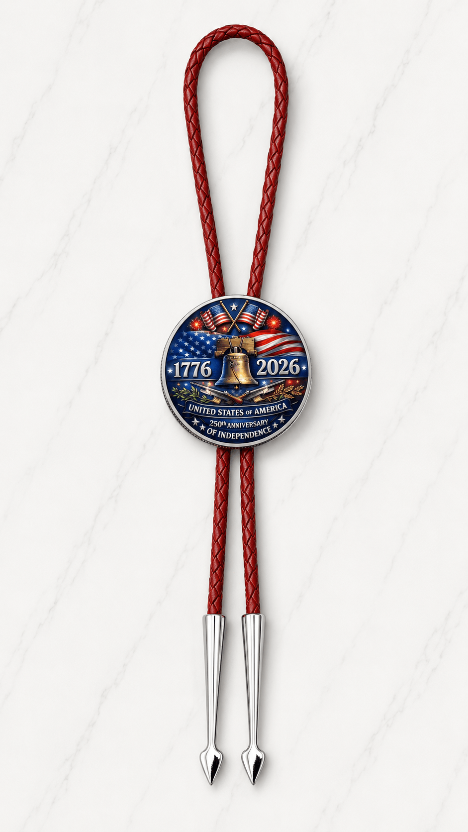 250 Years Of Freedom Side B commemorative America 250 bolo tie featuring the Liberty Bell, crossed American flags, 1776–2026 artwork, red braided leather, and polished silver Helios bolo tips.
