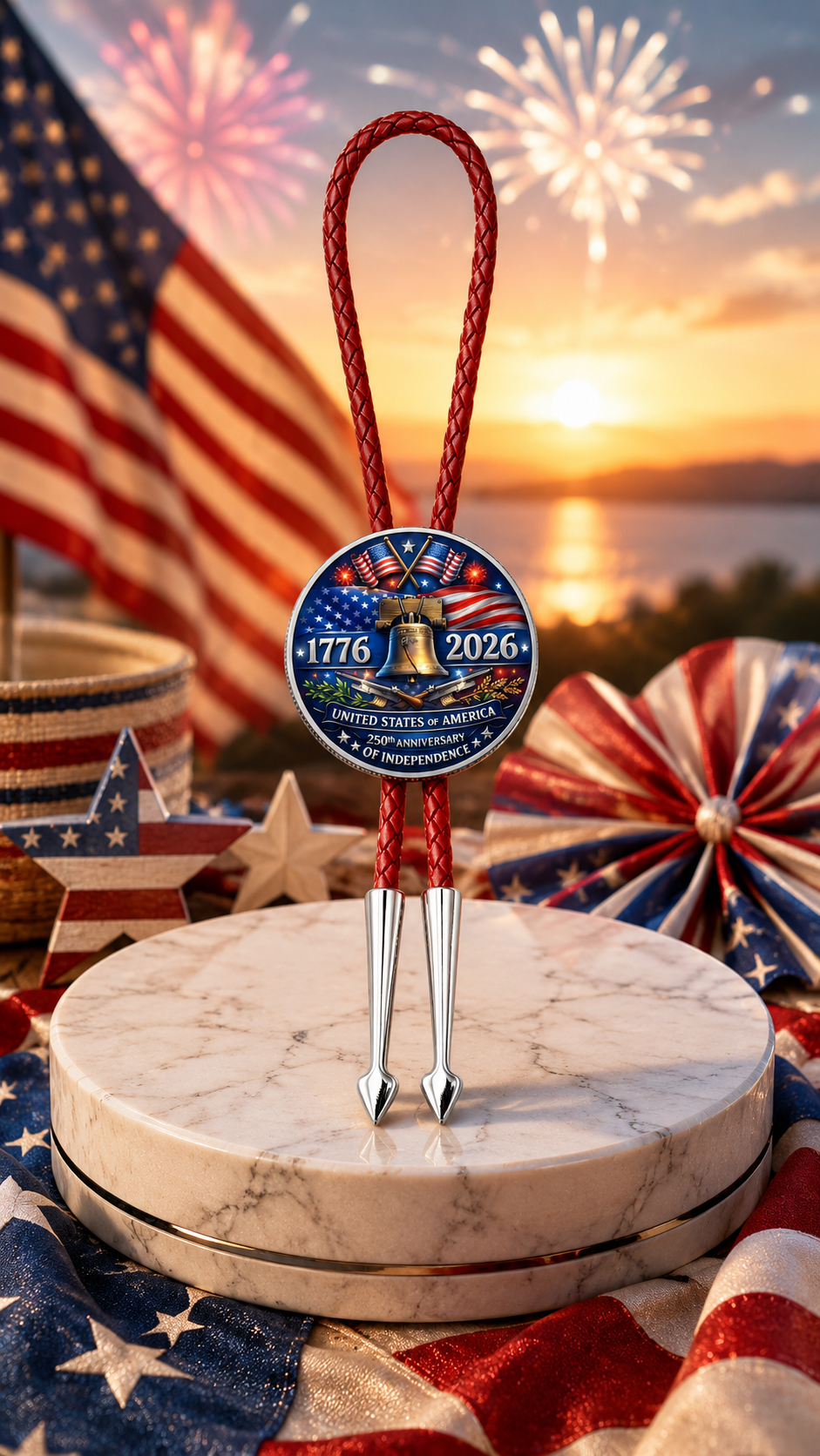 250 Years Of Freedom Side B America 250 patriotic Western bolo tie featuring the Liberty Bell, 1776–2026 commemorative artwork, red braided leather, silver Helios bolo tips, fireworks, and American flag celebration display.