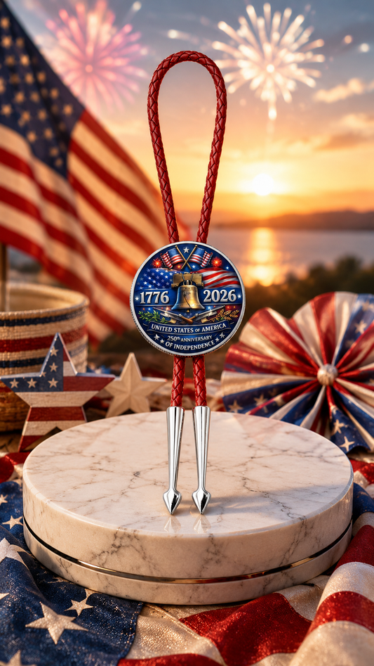 250 Years Of Freedom Side B America 250 patriotic Western bolo tie featuring the Liberty Bell, 1776–2026 commemorative artwork, red braided leather, silver Helios bolo tips, fireworks, and American flag celebration display.