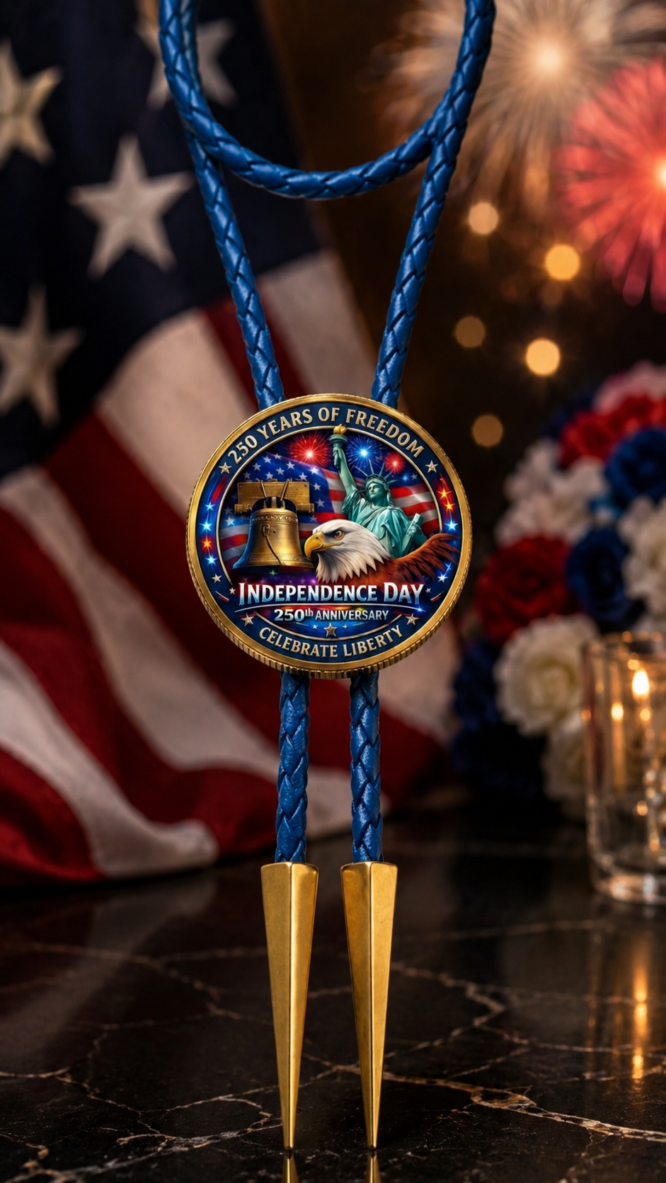 250 Years Of Freedom patriotic bolo tie with blue braided leather, gold tips, American flag, fireworks, Liberty Bell, Statue of Liberty, and bald eagle.