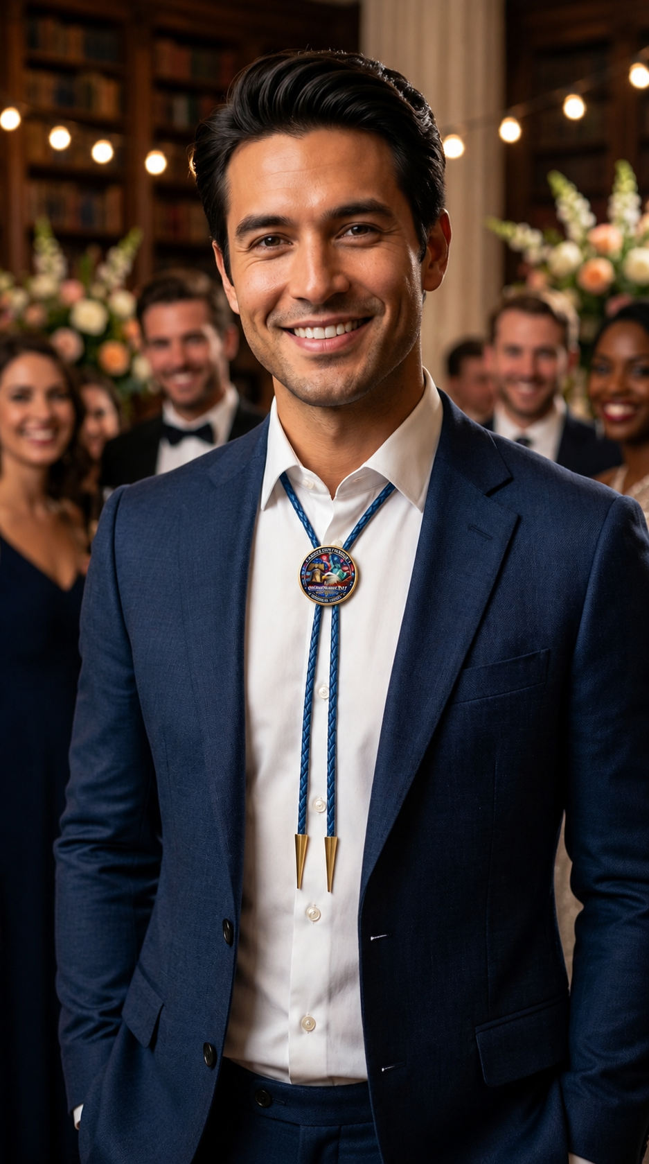A smiling man in a navy blue suit and white dress shirt wears a blue and gold bolo tie with a circular medallion pendant, standing in a warmly lit event hall with blurred guests in the background.