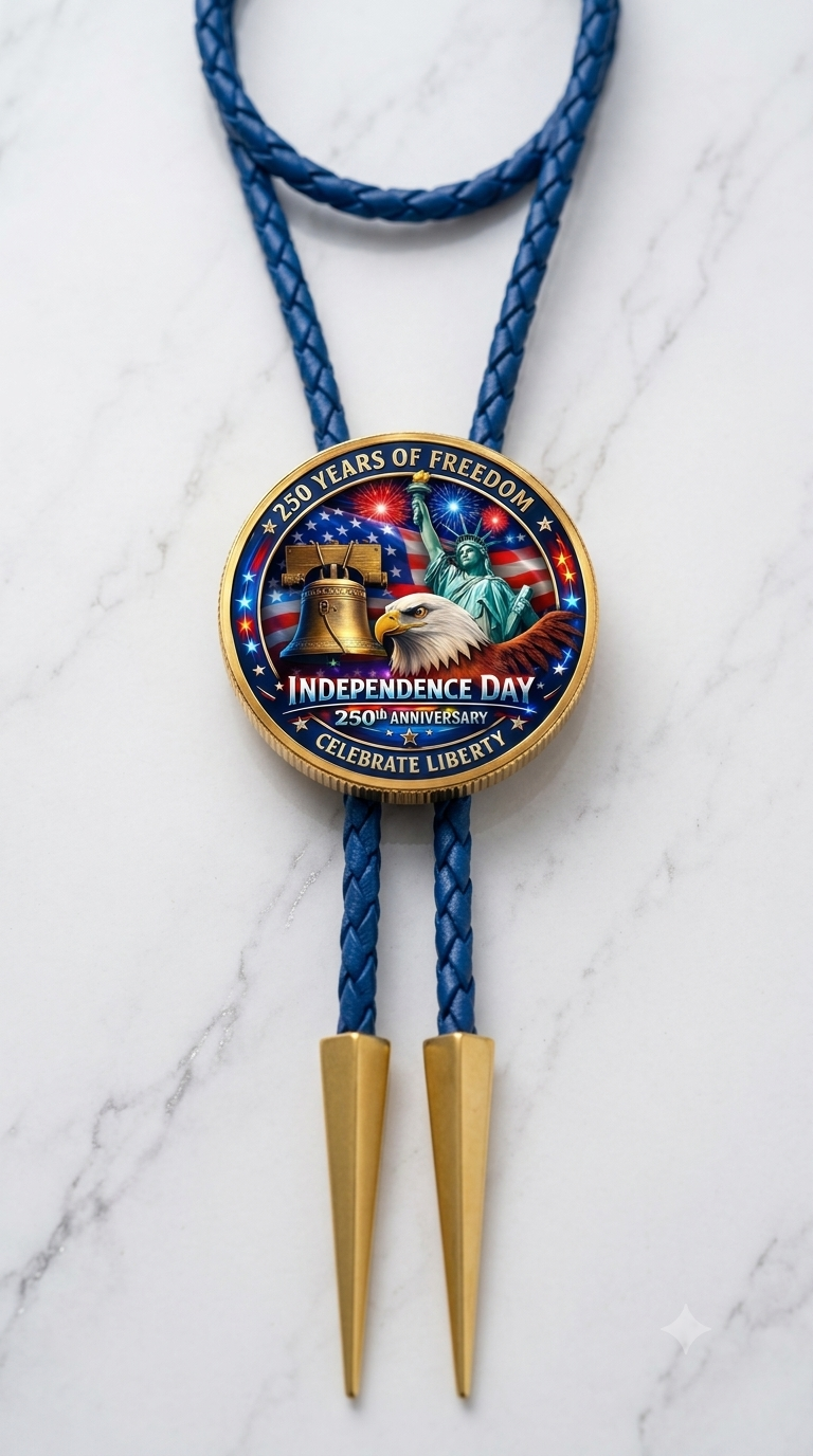 250 Years Of Freedom Side A patriotic bolo tie featuring the Statue of Liberty, bald eagle, Liberty Bell, blue braided leather cord, and gold bolo tips by Mike's Custom Bolos.