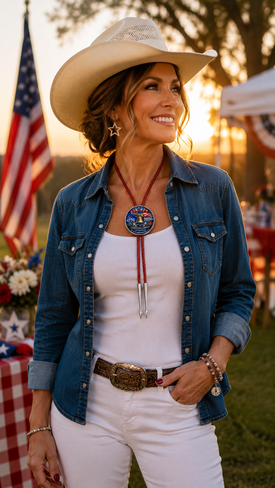 Woman wearing the 250 Years Of Freedom Side B patriotic bolo tie with a red braided leather cord at an Independence Day celebration, showcasing handcrafted Western fashion by Mike's Custom Bolos.