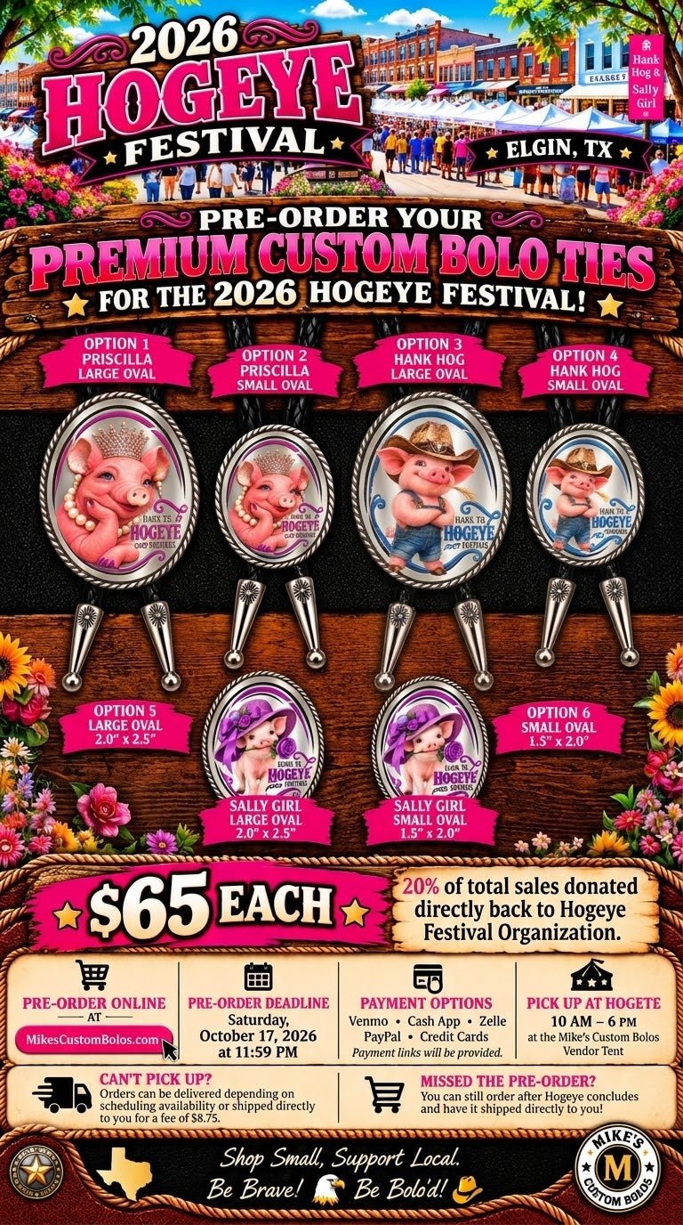 39th Annual Hogeye Festival 2026 Bolo Tie | Elgin, Texas Pre-Order - MIKE'S CUSTOM BOLOS