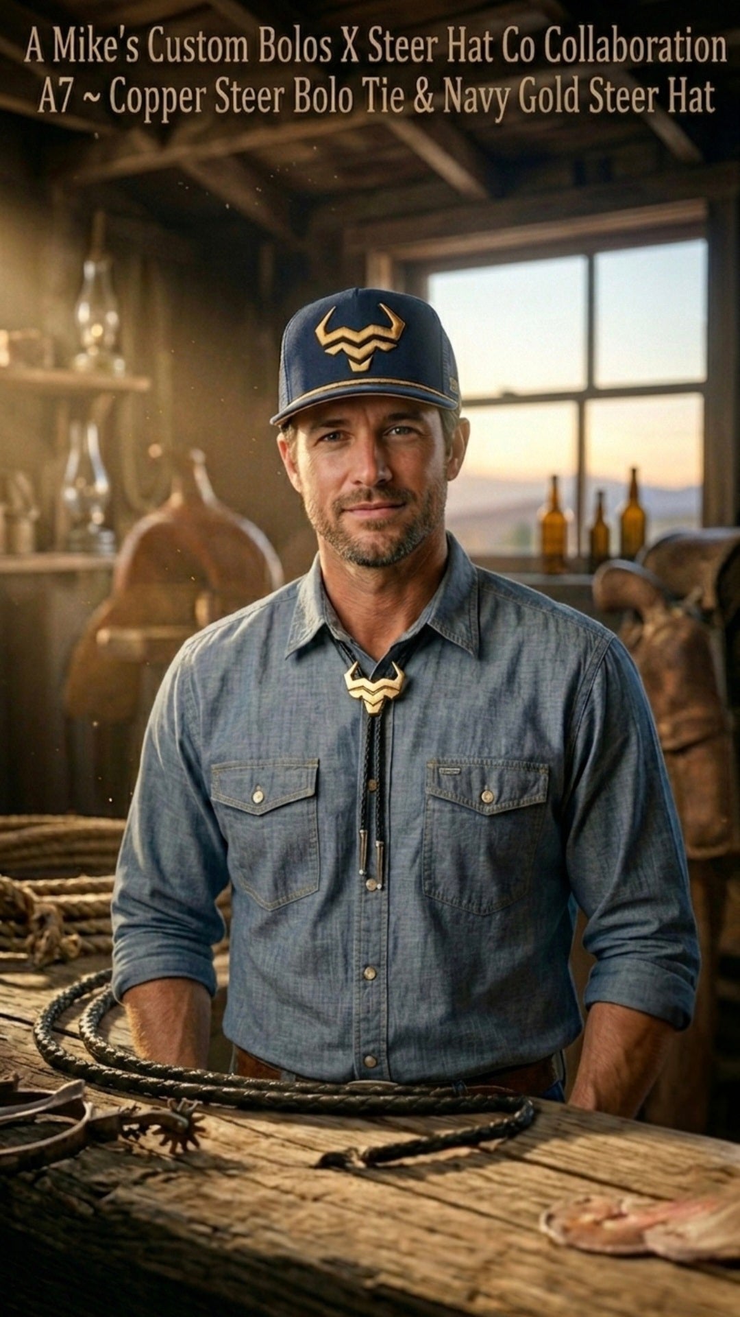 Mike's Custom Bolos × Steer Hat Co. A7 Collaboration featuring the Copper Steer Bolo Tie paired with the Navy Gold Steer Hat in a rustic Western setting.