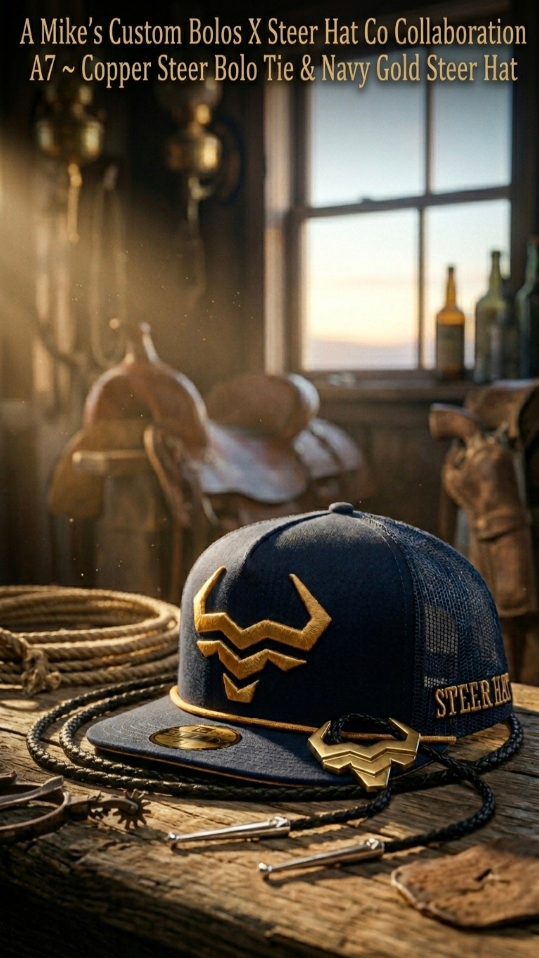 A7 Copper Steer Bolo Tie and Navy Gold Steer Hat collaboration bundle displayed together on a rustic ranch workbench by Mike's Custom Bolos and Steer Hat Co.