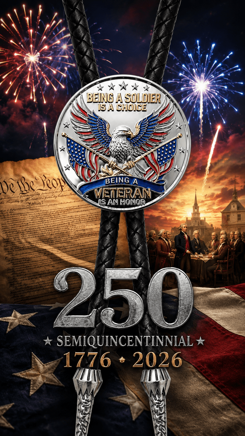 A True Patriot Bolo Tie Side B featuring a patriotic American eagle with crossed American flags and the message "Being a Soldier Is a Choice. Being a Veteran Is an Honor." on premium black braided leather with fireworks, the U.S. Constitution, America's Founding Fathers, and Semiquincentennial celebration background.