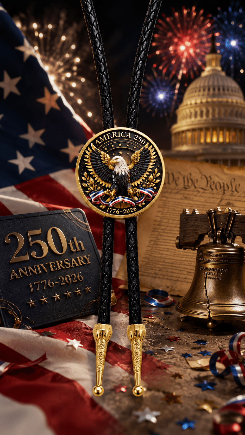 America 250 Bolo Tie Side A featuring a majestic American Bald Eagle with spread wings, gold laurel leaves, patriotic ribbon accents, premium black braided leather, engraved gold Western tips, and a Semiquincentennial celebration with fireworks, the U.S. Capitol, Liberty Bell, Constitution, and American flags.