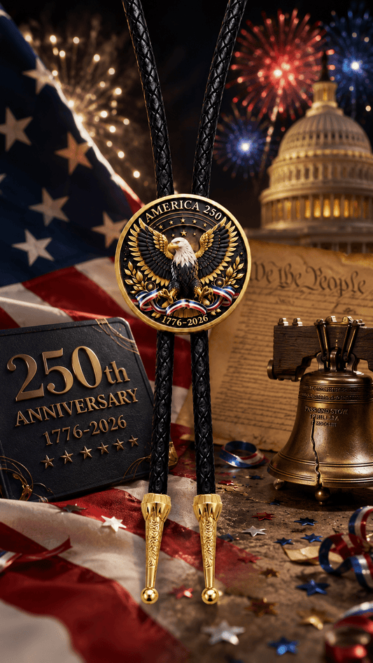America 250 Bolo Tie Side A featuring a majestic American Bald Eagle with spread wings, gold laurel leaves, patriotic ribbon accents, premium black braided leather, engraved gold Western tips, and a Semiquincentennial celebration with fireworks, the U.S. Capitol, Liberty Bell, Constitution, and American flags.