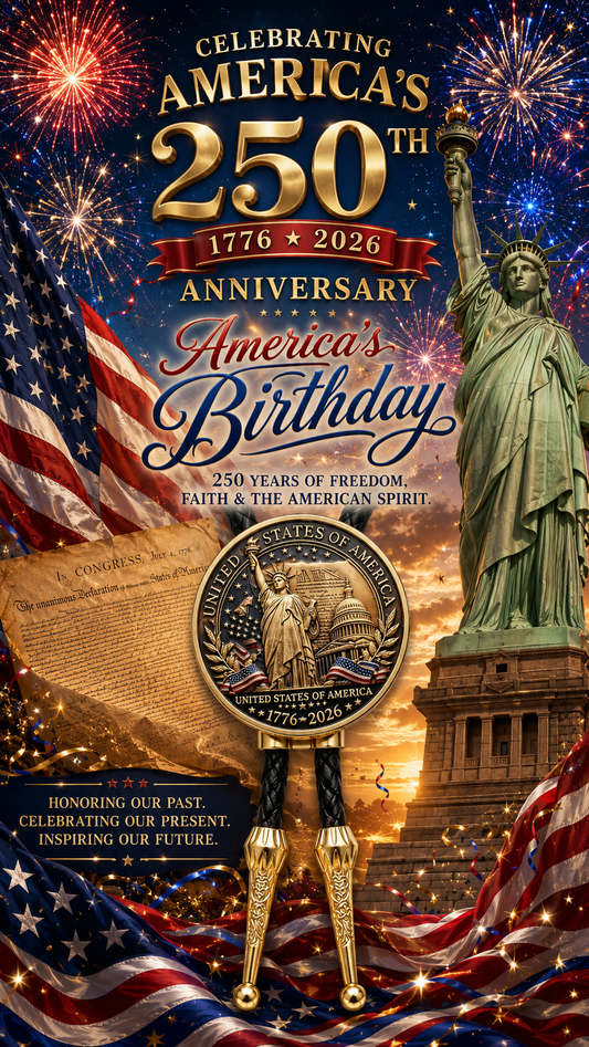 America 250 Bolo Tie Side B featuring a majestic Bald Eagle with spread wings, gold laurel leaves, patriotic ribbon accents, premium black braided leather, engraved gold Western tips, fireworks, the Statue of Liberty, the Declaration of Independence, American flags, and America's 250th Anniversary celebration.