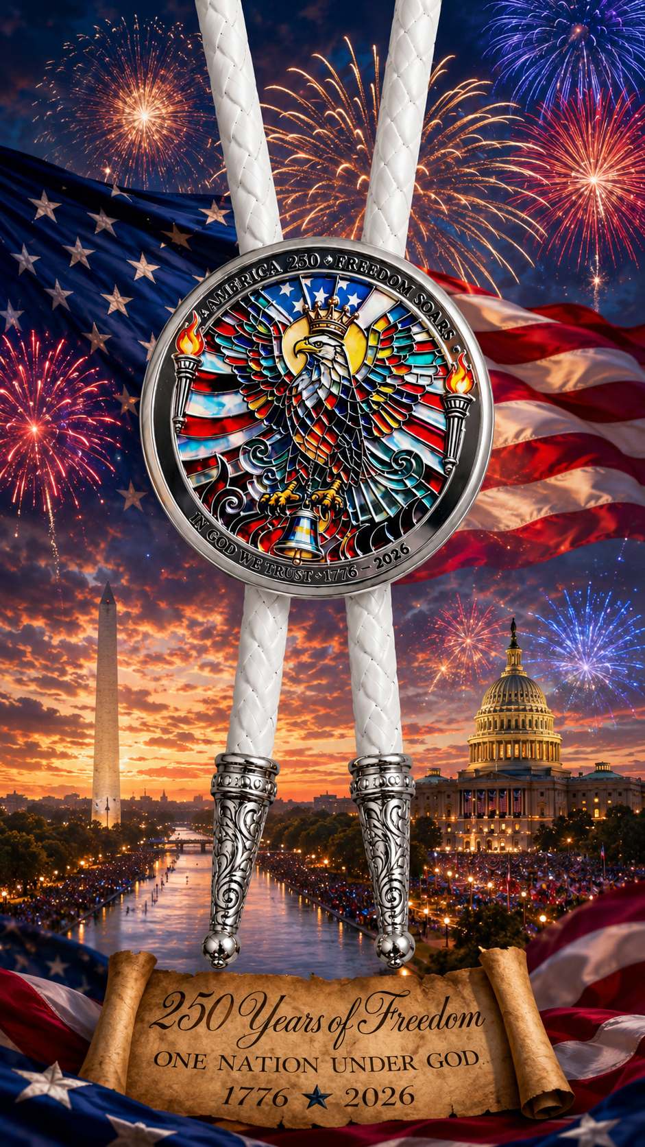 America 250 Freedom Soars Bolo Tie displayed over American flag, fireworks, Washington DC skyline, and 1776 2026 patriotic scroll