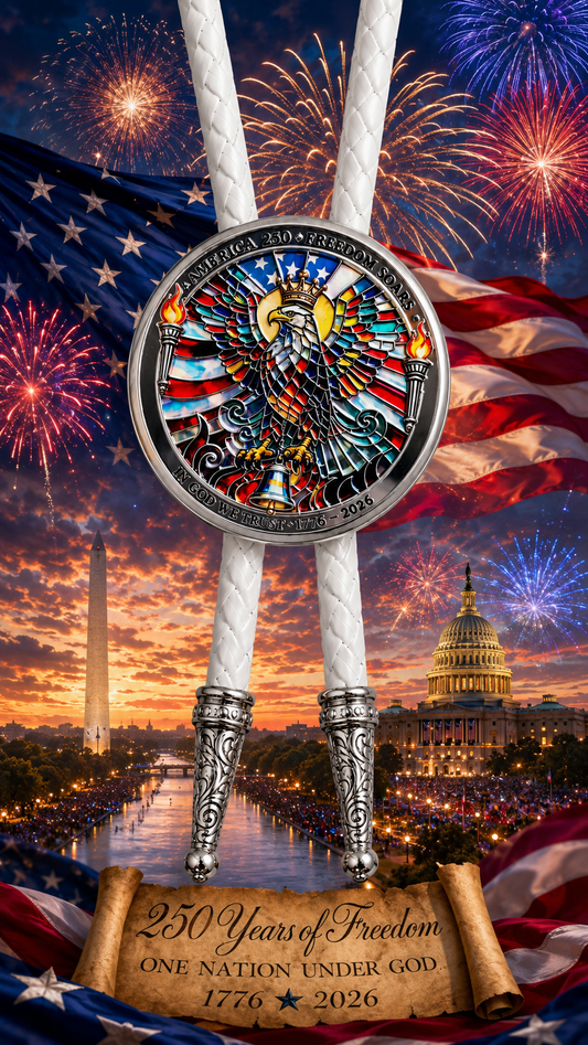 America 250 Freedom Soars Bolo Tie displayed over American flag, fireworks, Washington DC skyline, and 1776 2026 patriotic scroll
