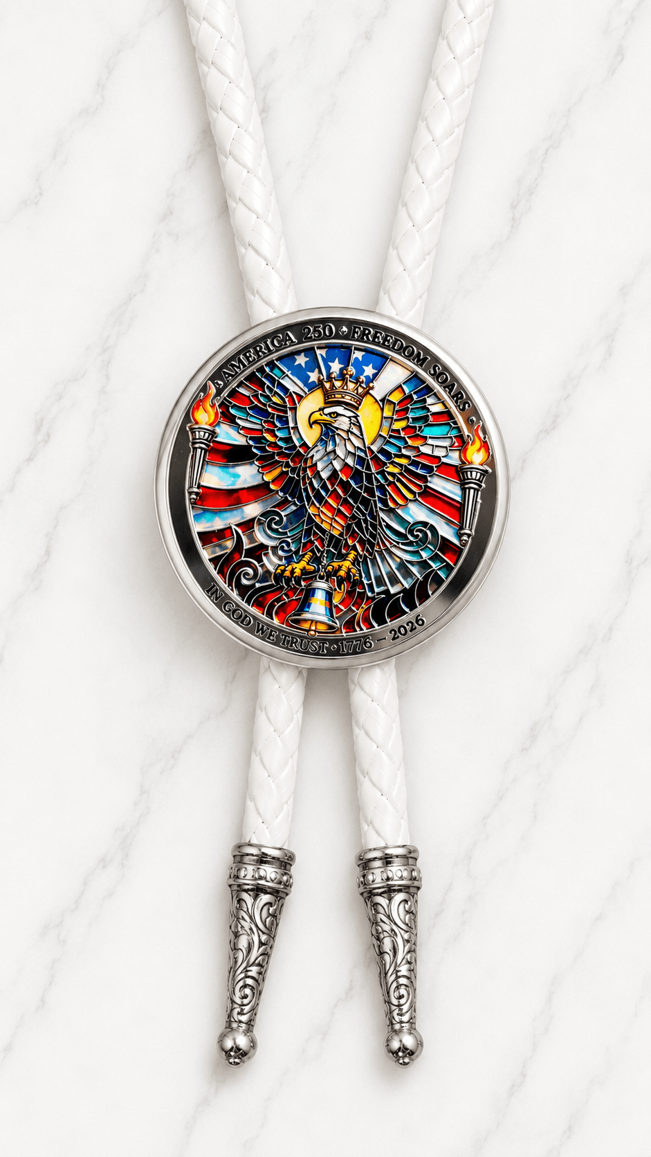America 250 Freedom Soars Bolo Tie Side A with crowned American eagle centerpiece, white braided leather, and polished silver ornate tips