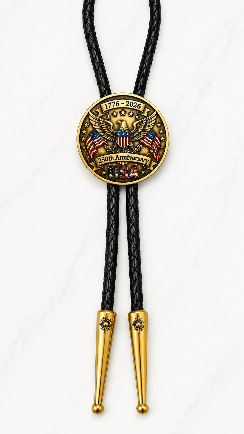 America’s 250th Birthday Bolo Tie Side B with 250th Anniversary USA eagle centerpiece, black braided leather, and polished gold-tone tips
