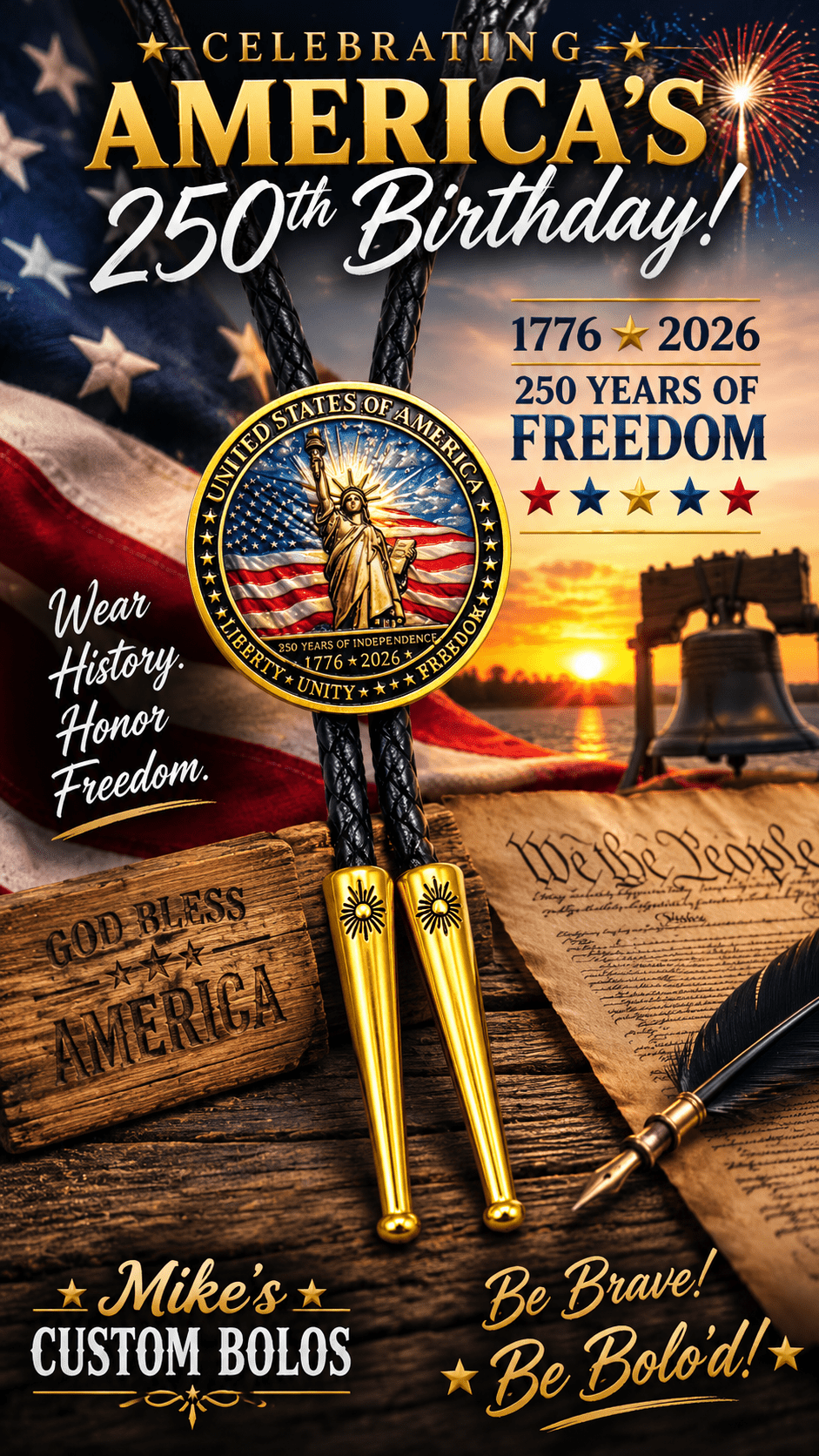 America’s 250th Birthday Bolo Tie Side A displayed with Statue of Liberty centerpiece, black braided leather, gold-tone tips, American flag, fireworks, Liberty Bell, Constitution, and 1776 2026 patriotic artwork