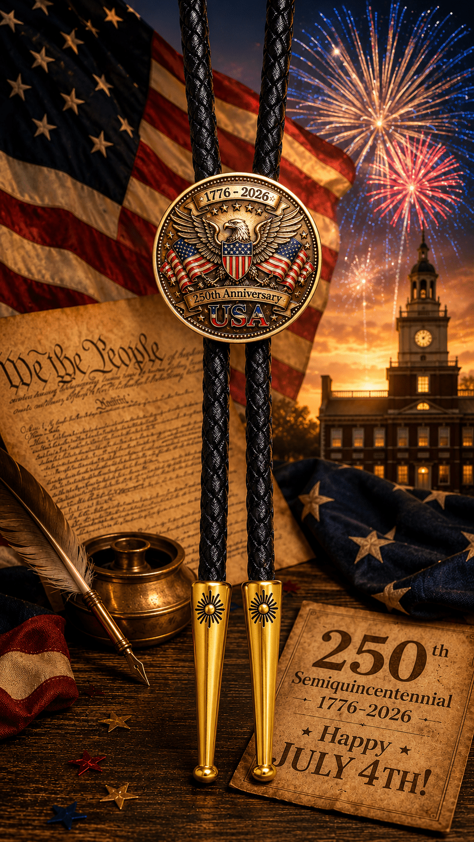 America’s 250th Birthday Bolo Tie Side B displayed with eagle anniversary centerpiece, black braided leather, gold-tone tips, American flag, fireworks, historic Independence Hall scene, and 1776 2026 Semiquincentennial July 4th artwork
