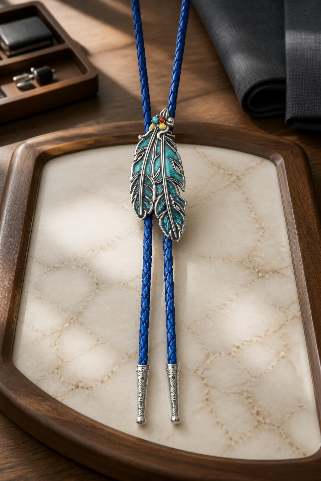 Black Feather Bolo Tie with blue braided cord featuring a detailed feather centerpiece and engraved silver bolo tie tips.