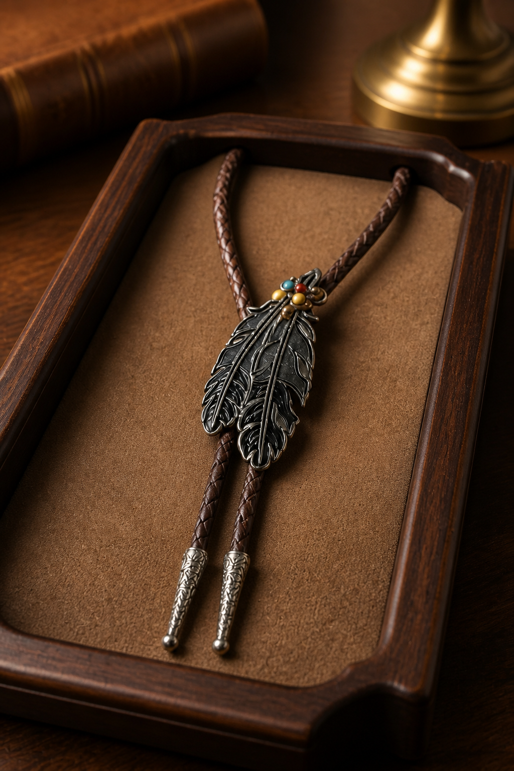 Black Feather Bolo Tie with brown braided cord featuring an intricate feather centerpiece and engraved silver bolo tips.