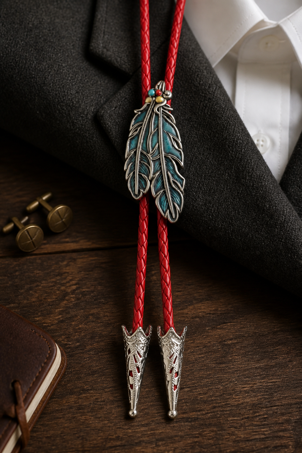 Black Feather Bolo Tie with red braided cord showcasing a turquoise-accented feather centerpiece and decorative silver tips.