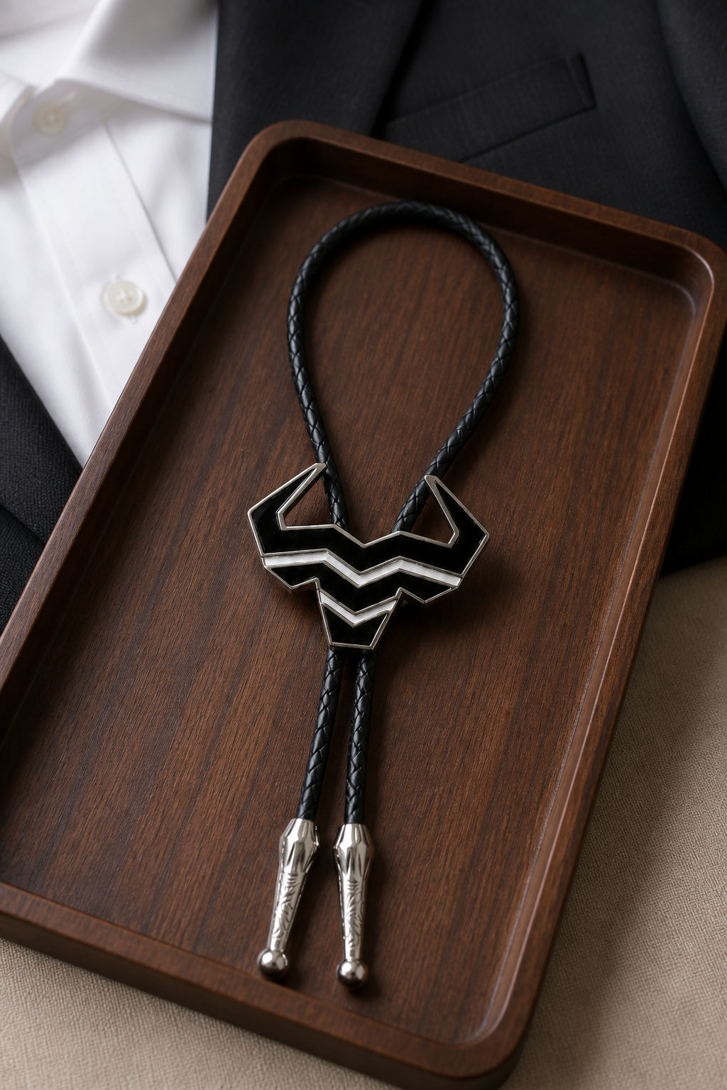 Black Steer Bolo Tie with black braided leather cord and silver engraved tips by Mike's Custom Bolos and Steer Hat Co.
