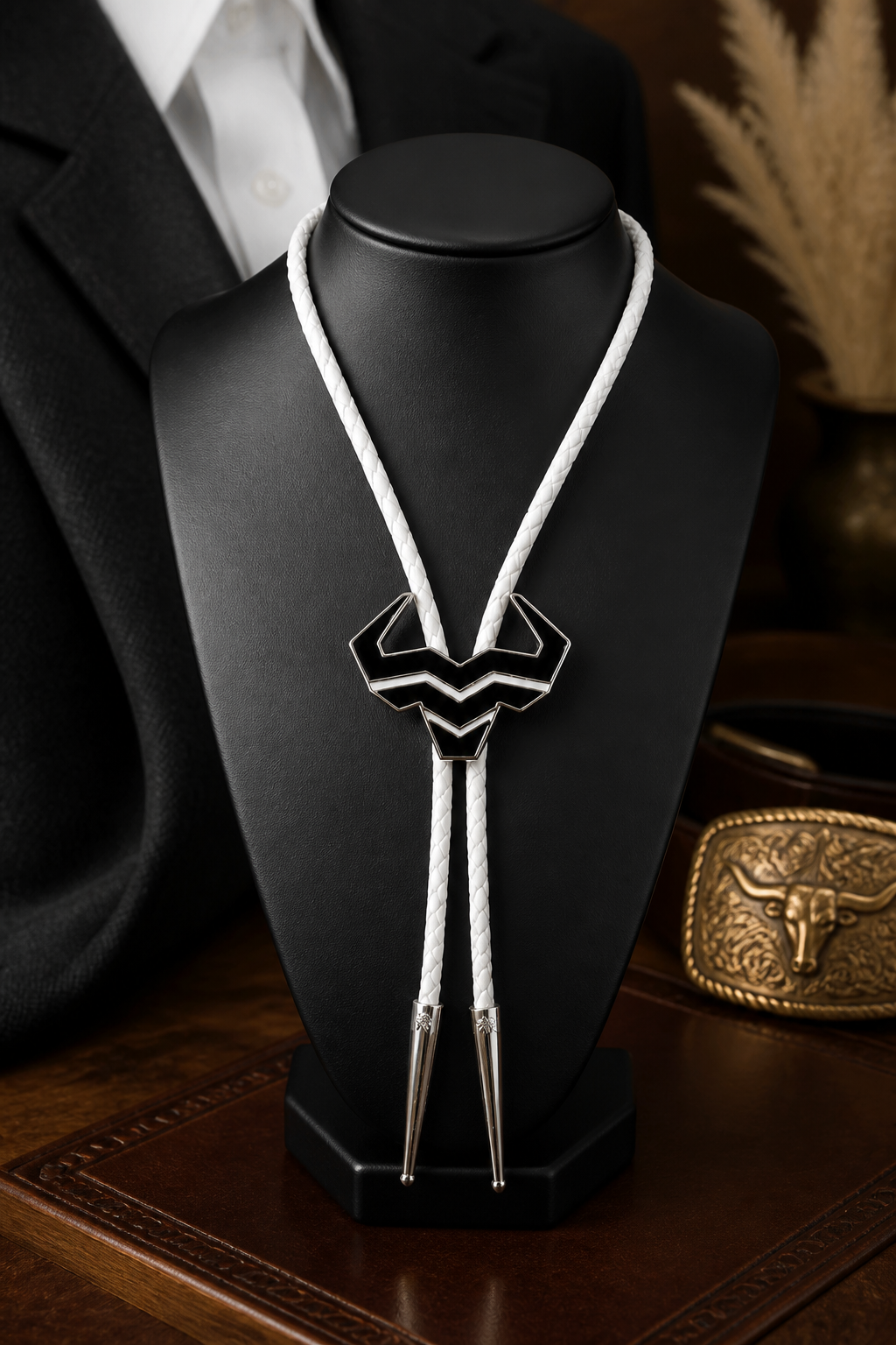 Black Steer Bolo Tie by Mike's Custom Bolos featuring Steer Hat Co. black enamel steer-head centerpiece with white braided leather cord and silver tips.